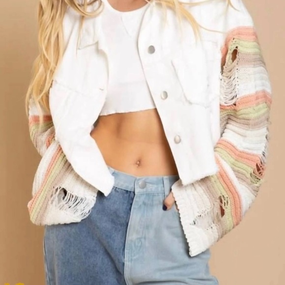 NTW Cropped, white denim, distressed jacket with crochet sleeves size M - Picture 4 of 4